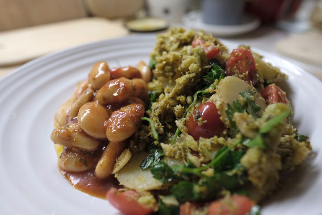 steamed potato and crushed broccoli with giant Greek butter beans