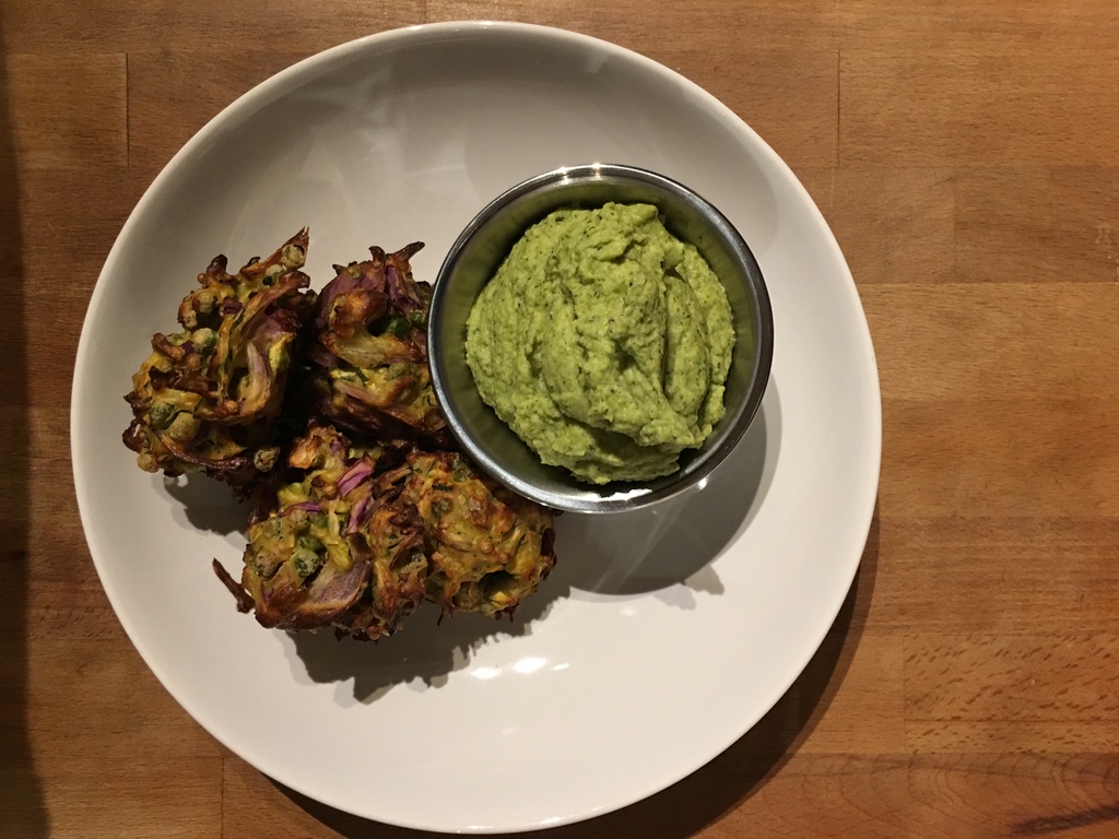 Baked bhaji with broccoli and pea dip