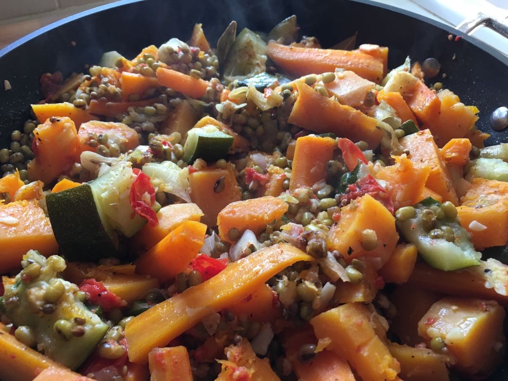 Courgettes, carrots, pumpkin, mung beans