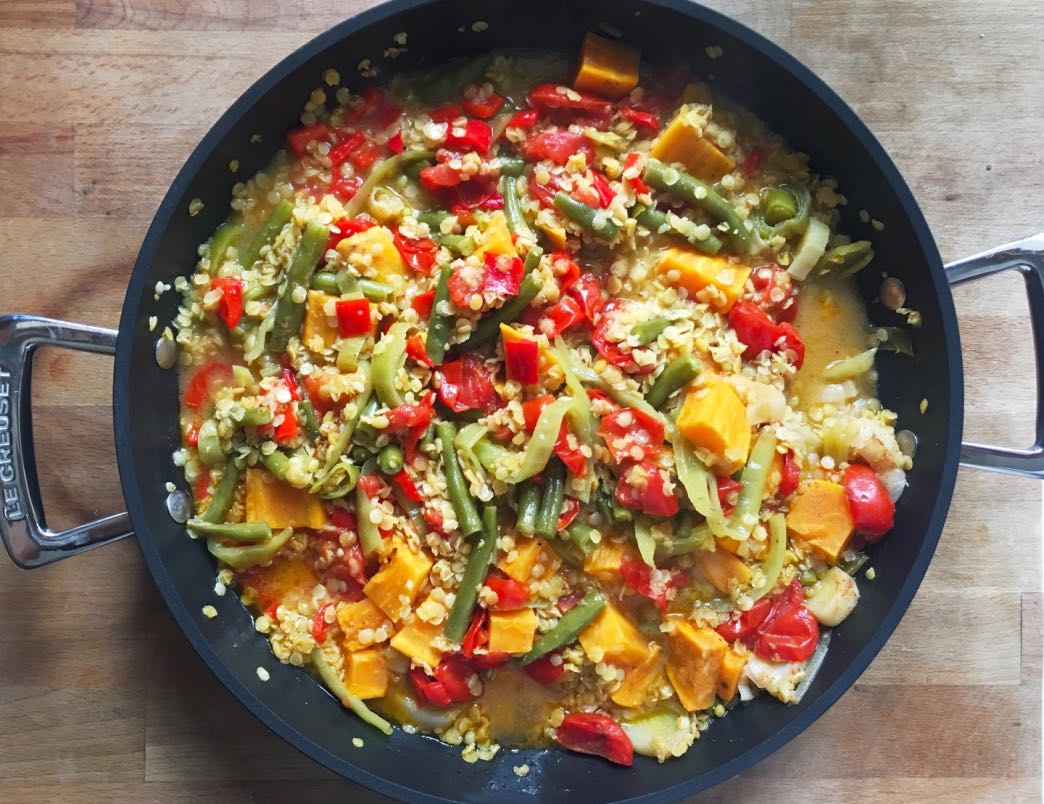 Slow food—leeks, french beans, sweet potato, split red lentils, peppers, cherry tomatoes